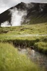 Vista posteriore della donna che fa il bagno in corrente in Islanda con geyser e montagna sullo sfondo — Foto stock