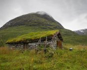 Stone hut with grassy roof under green mountain — Stock Photo