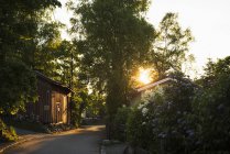 Petite route entre les maisons sous le soleil rétro-éclairé — Photo de stock