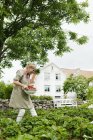 Femme cueillette des fraises dans le jardin contre l'extérieur du bâtiment — Photo de stock
