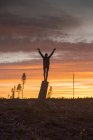 Woman standing on tree stump at sunset — Stock Photo