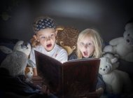 Libro di lettura dei fratelli a letto, focus selettivo — Foto stock