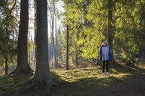 Ragazza in piedi nella foresta e guardando in alto — Foto stock