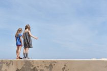 Vista trasera de dos chicas jóvenes de pie en la pared contra el cielo azul - foto de stock