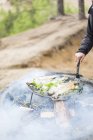 Cropped view of man cooking fish on campfire, selective focus — Stock Photo