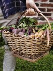 Man carrying basket with vegetables, selective focus — Stock Photo