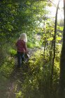 Вид сзади на девочку, идущую в лесу — стоковое фото