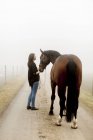 Mulher adulta média com cavalo na estrada da sujeira no nevoeiro — Fotografia de Stock