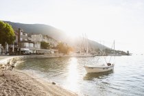 Scenic view of boat anchored in harbor, selective focus — Stock Photo