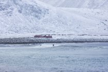 Les gens surfent en mer sous les collines enneigées à Lofoten, Norvège — Photo de stock