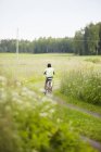 Visão traseira do menino de ciclismo, fundo foco suave — Fotografia de Stock