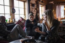 Junge Frau zeigt Freunden in Blockhaus ihr Smartphone — Stockfoto