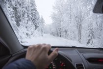 Человек вождение в лесу зимой, сосредоточиться на фоне — стоковое фото