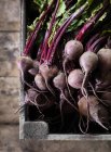 Elevated view of beetroots in crate, selective focus — Stock Photo