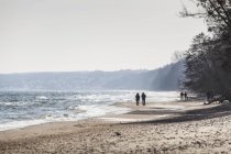 Люди, идущие по пляжу возле моря, избирательный фокус — стоковое фото