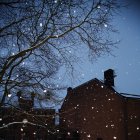 Malerischer Blick auf Gebäude in der Nähe von Bäumen gegen den Himmel im Winter — Stockfoto