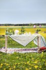 Wooden table in meadow in spring, differential focus — Stock Photo