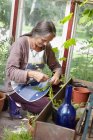 Donna che lavora in giardino domestico, focus selettivo — Foto stock