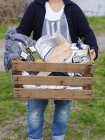 Mujer que lleva una gran caja de picnic de madera, se centran en primer plano - foto de stock