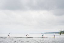 Four paddlers during race on lake — Stock Photo