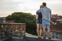 Vista trasera de la joven pareja de pie en la azotea y mirando a la vista - foto de stock