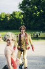 Two street circus performer in park — Stock Photo
