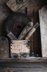 Old rustic tools stored wooden box — Stock Photo
