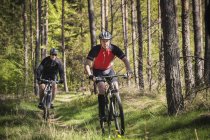 Mature men riding on mountain bikes through forest — Stock Photo