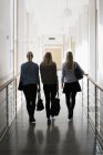 Vista trasera de estudiantes femeninas caminando con bolsas en la universidad - foto de stock
