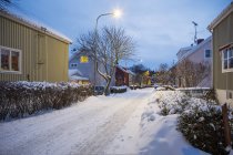 Будинки вздовж вулиці в житловому районі взимку — стокове фото