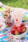 Erdbeeren beim Geburtstags-Picknick, weicher Hintergrund — Stockfoto