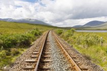 Railroad tracks through field in Scotland — Stock Photo