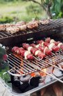 Meat and skewers on barbeque grill, selective focus — Stock Photo
