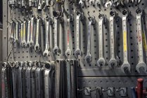 Spanners hanging on hooks, selective focus — Stock Photo