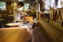 Craftsman working in guitar making workshop — Stock Photo