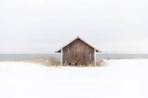 Деревянный коровник в снегу, избирательный фокус — стоковое фото