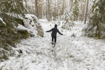 Зрелая женщина, идущая по снежному лесу — стоковое фото