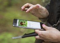 Frau mit Smartphone, Pilze auf dem Bildschirm — Stockfoto