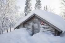 Log cabin covered in snow, selective focus — Stock Photo