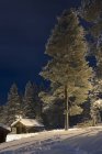 Cabane en rondins dans la neige la nuit — Photo de stock