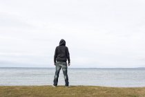 Hombre de pie cerca del lago, vista trasera - foto de stock