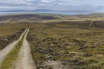 Vista panorámica de la carretera rural a través de campos en Shetland, Escocia - foto de stock