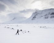 Woman skiing by mountains on Kungsleden trail in Lapland, Sweden — Stock Photo