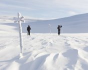 Мужчины катаются на лыжах по маркерам, избирательный фокус — стоковое фото