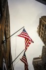 Американские флаги, свисающие со здания — стоковое фото