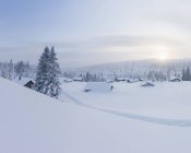 Cabanas de madeira cobertas de neve, foco seletivo — Fotografia de Stock