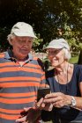 Porträt eines glücklichen Seniorenpaares, das an einem sonnigen Tag zusammen im Freien steht — Stockfoto