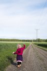 Девушка с маргаритками на поле, избирательный фокус — стоковое фото