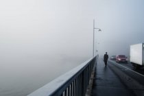 Homme marchant sur un pont par temps de brouillard à Stockholm — Photo de stock