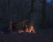 Мужчины, ночующие в лесу, избирательный фокус — стоковое фото